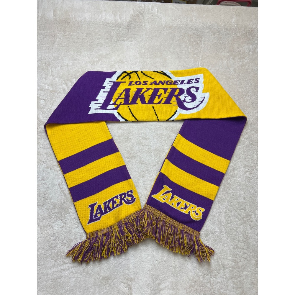 Vintage Los Angeles Lakers NBA Scarf Unisex OS Purple Gold Knit Fringed Fan